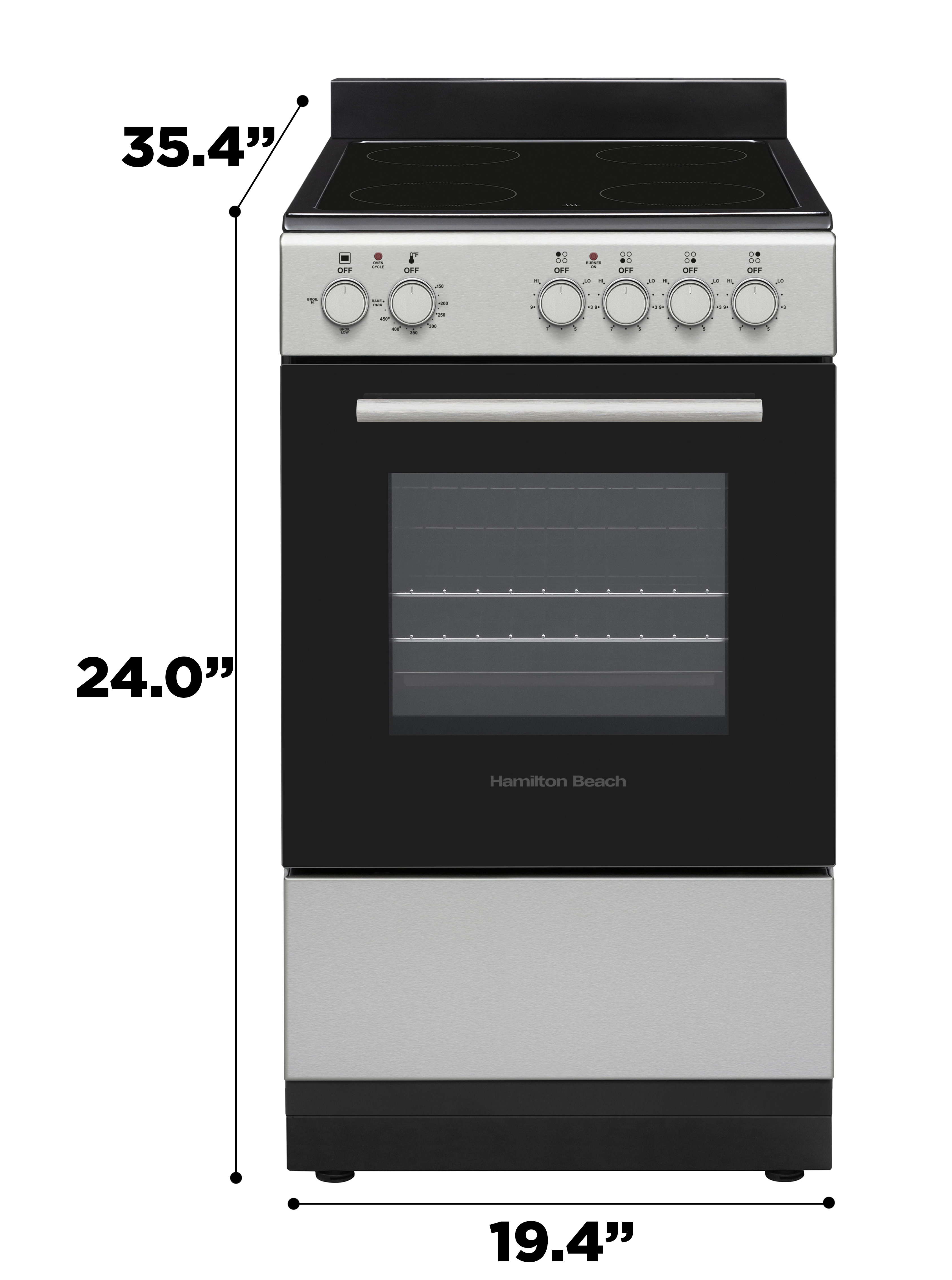 Hamilton Beach 20" Electric Range, Vitroceramic Top, With Shallow Tray, Inox