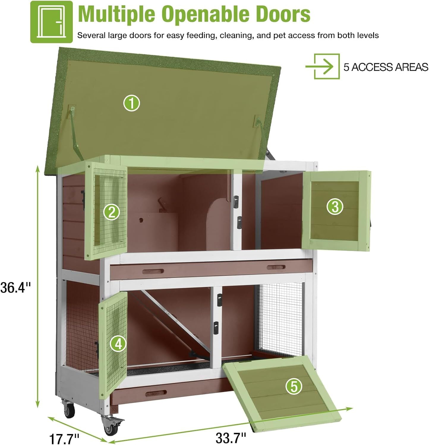 MEDEHOO Rabbit Hutch Indoor Mobile Outdoor Bunny Cage with Openable Middle Door, Two Story Guinea Pig Cage with Wheels, 36"L x 17.7"W x 36.4"H (Brown)