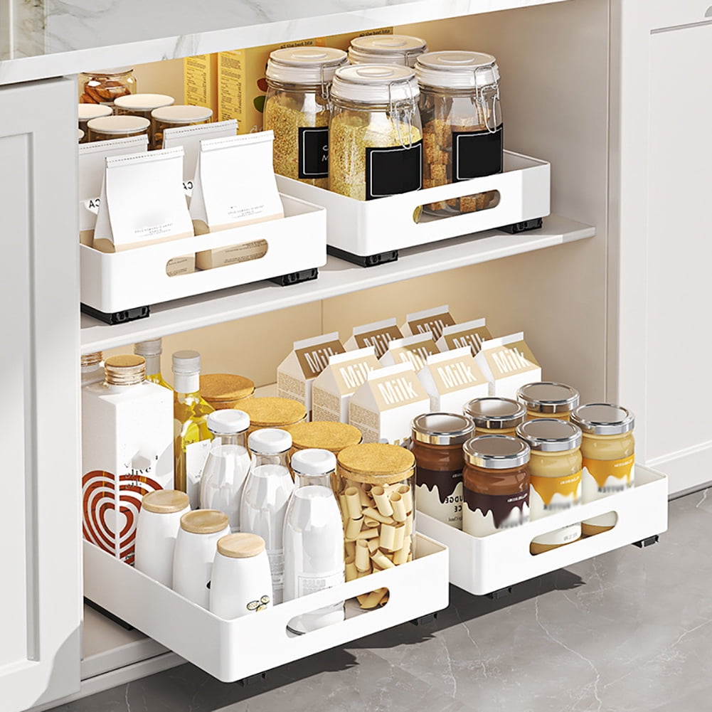 Acekid Pull Out Cabinet Organizer, Heavy Duty Slide Out Drawers Fixed with Adhesive Film, Iron Storage And Organization Slide Out Pantry Storage Drawer for Kitchen