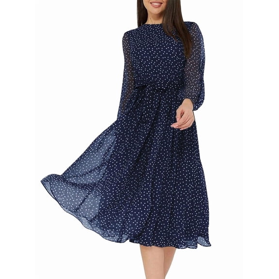 Women 2025 Fall Casual Long Sleeve Crew Neck A-Line Flowy Floral Boho Wedding Guest Maxi Dresses Navy Blue L