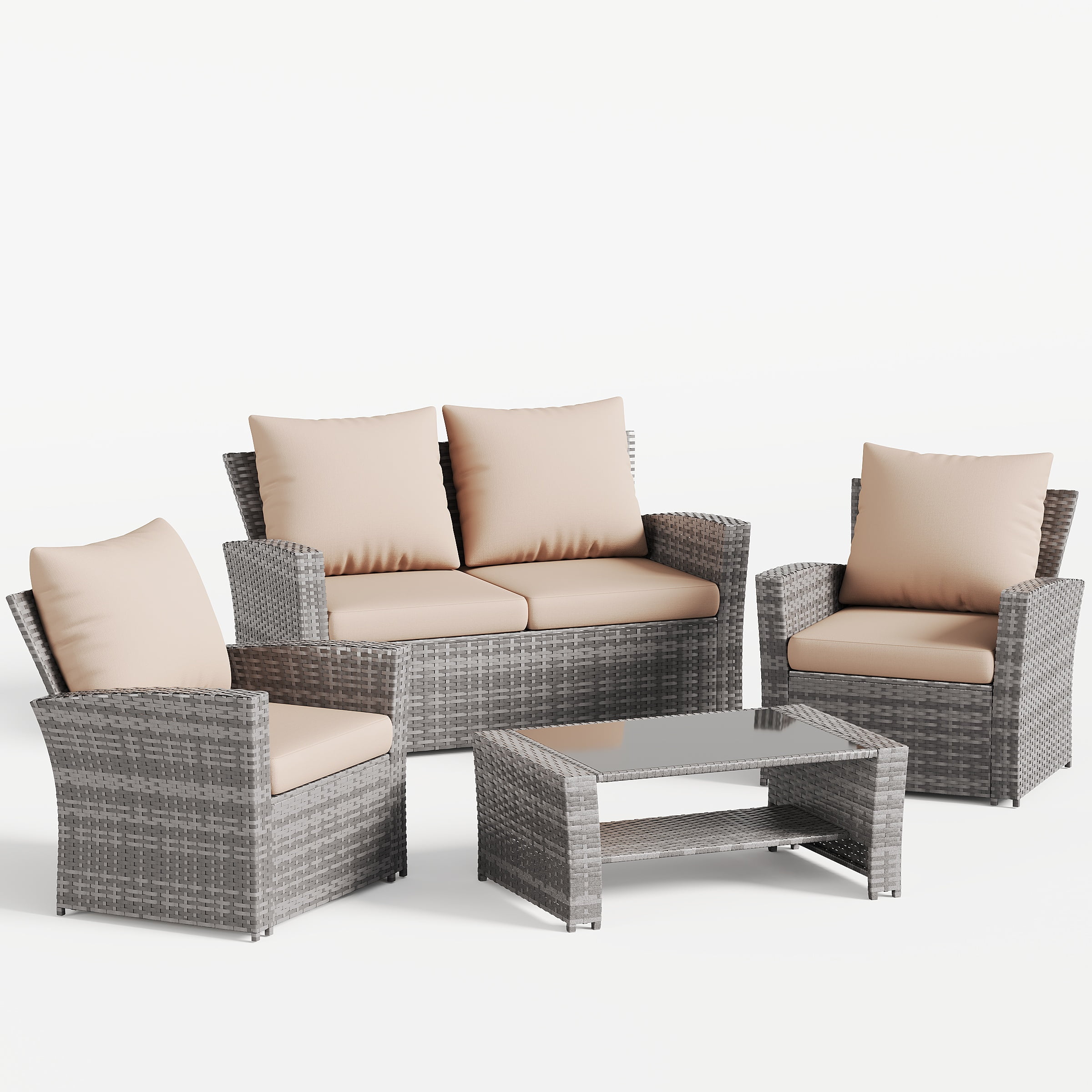 UDPATIO Wicker Patio Furniture Set, 4 Piece Outdoor Sectional Conversation Sets, Gray PE Rattan Patio Sofa Set for Balcony, Backyard, Beige