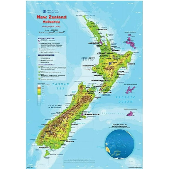 Iconic Arts Laminated 24x34 Poster: Physical Map - Geographic Map of New Zealand