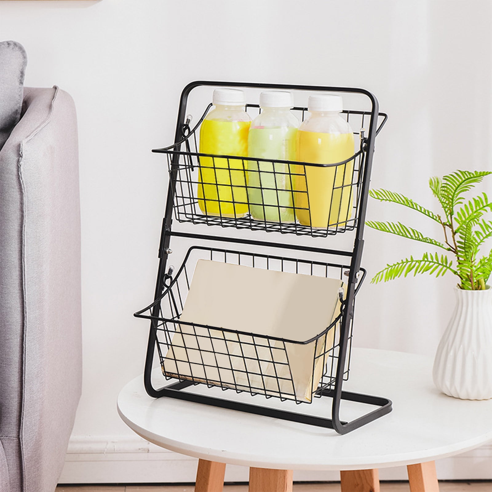 Miogawg 2-Tier Metal Market Basket, Sturdy Stacked Countertop Storage, Black Wire Frame Design, Fruit Basket, Bread Basket Vegetable Holder Storage Stand