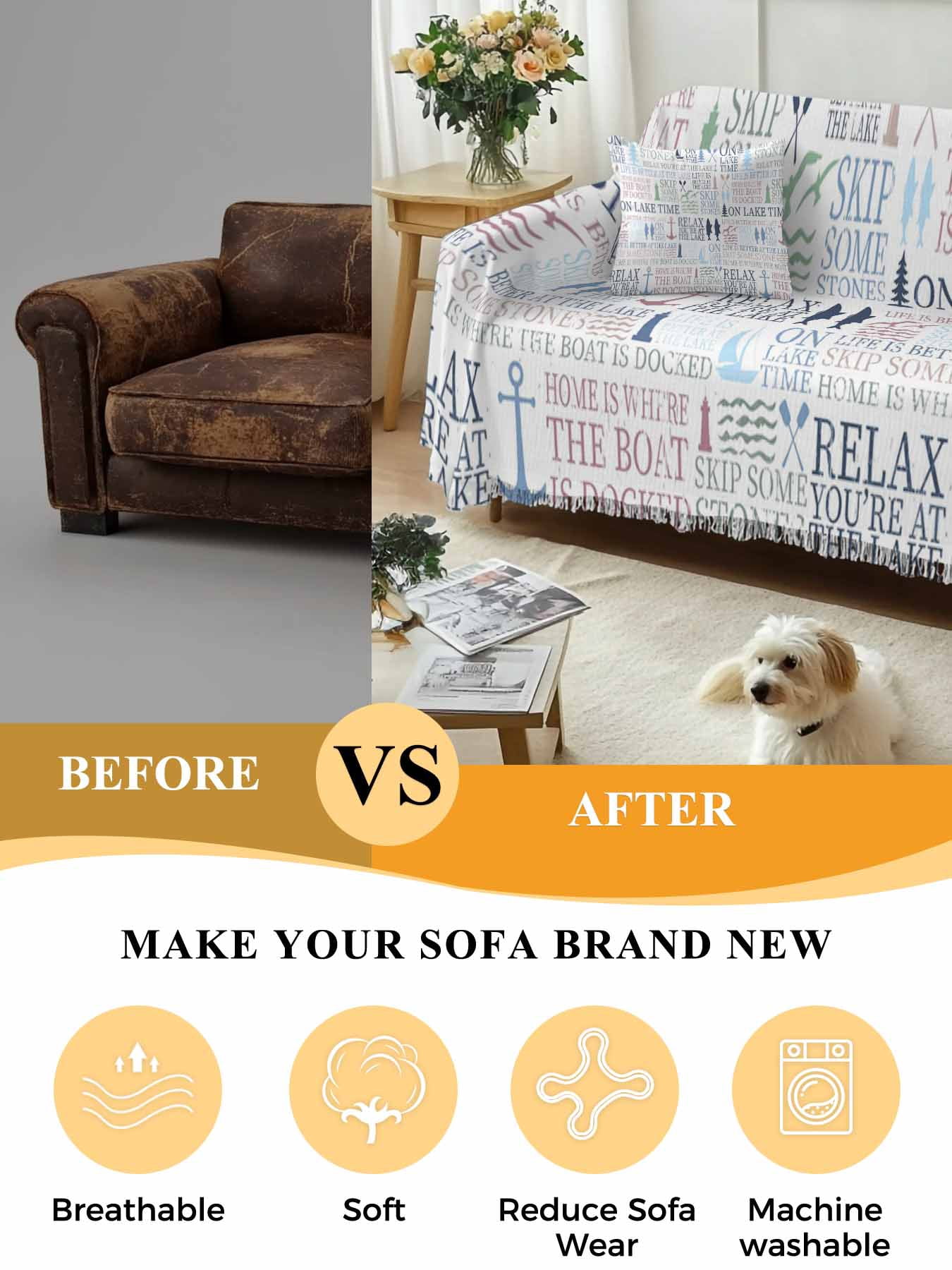 Ocean Nautical Couch Cover, Rustic Anchors Fish Oars Lighthouses Sofa Cover Blanket for Loveseat Couches, Sectional Sofa Slipcover Furniture Protector for Living Room Bedroom 71''x118''
