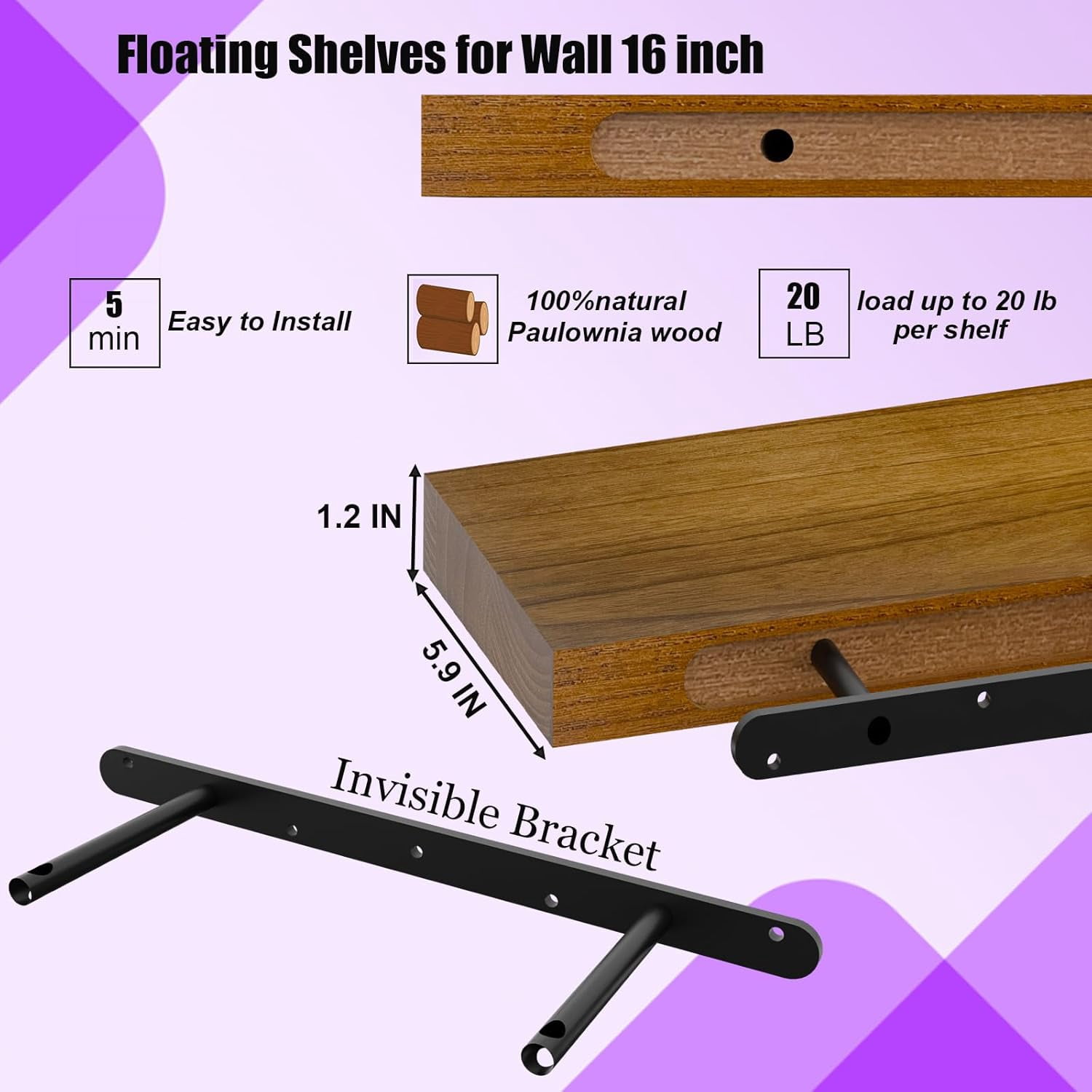 Floating Wall Shelves 24 inch,Bathroom Shelf Wall Mounted,Invisible Shelves Floating Kitchen Shelving,Wooden Wall Shelf with Brackets for Living Room Wall Mounted,Easy Install,Set of 2,Black
