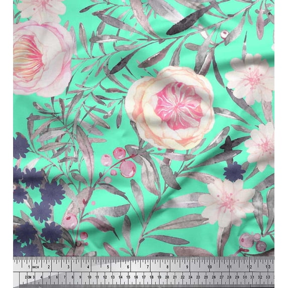 Soimoi Green Japan Crepe Satin Fabric Leaves & Rose Flower Print Fabric by The Yard 42 Inch Wide