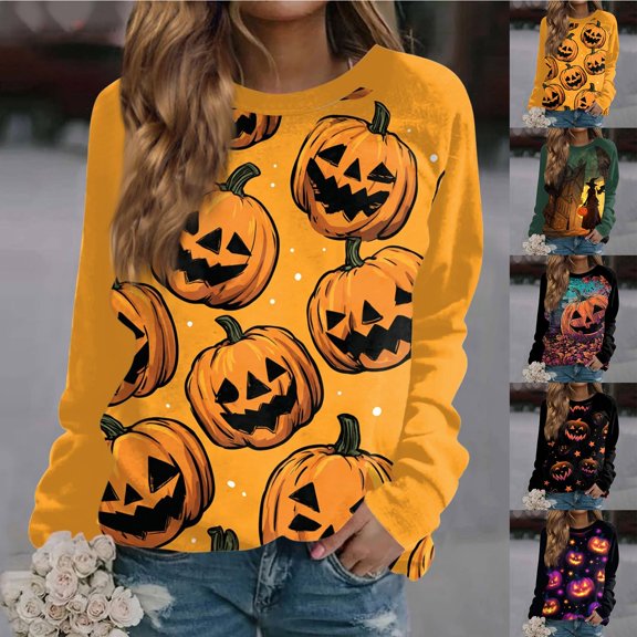 YVNAURA Women‘s Printed Long Sleeve Round Neck Sweatshirt Casual Loose Fit Pullover Lightweight Fashion Crewneck Top Fall Spring Trendy Graphic Tee Streetwear 1 Pack, Orange,L
