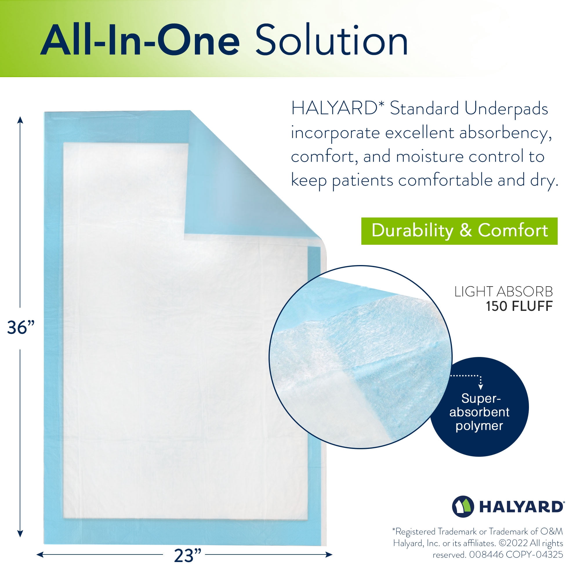 HALYARD Premium Disposable Underpads, 23 X 36 Inches Chux Pads - Light Blue, Case of 150 - Incontinence Bed Pads for Adults with Airlaid Core for Moisture and Odor Control