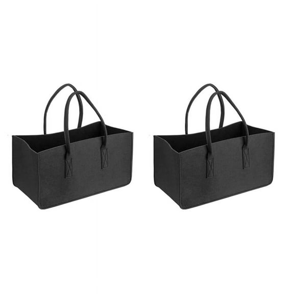 2X Fireplace Wood Felt Storage Bag Basket Magazine Rack Firewood Pocket,Felt Foldable Firewood Holder Basket Black,2 x Storage Bag,Black