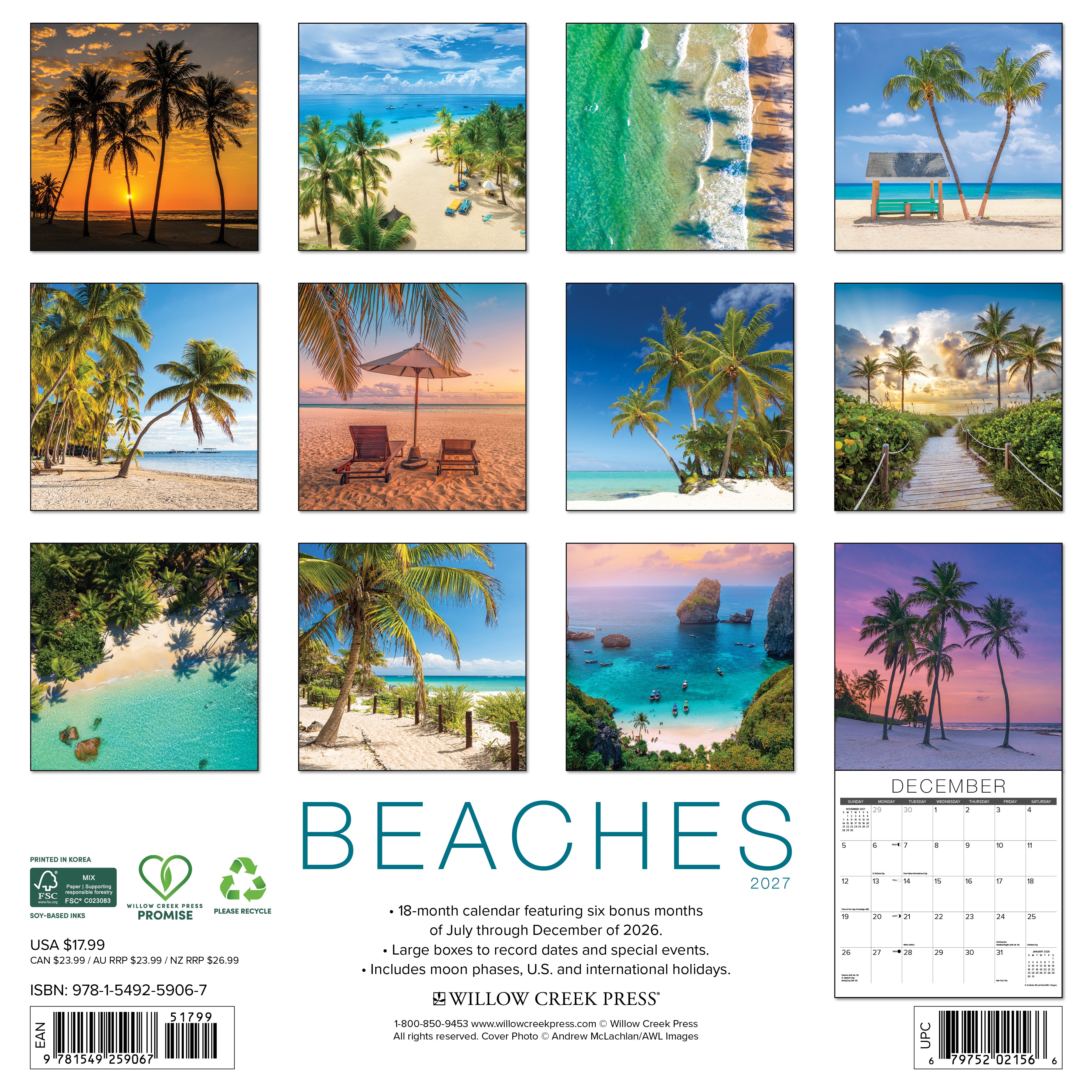 Willow Creek Press, Beaches 2027 Wall Calendar