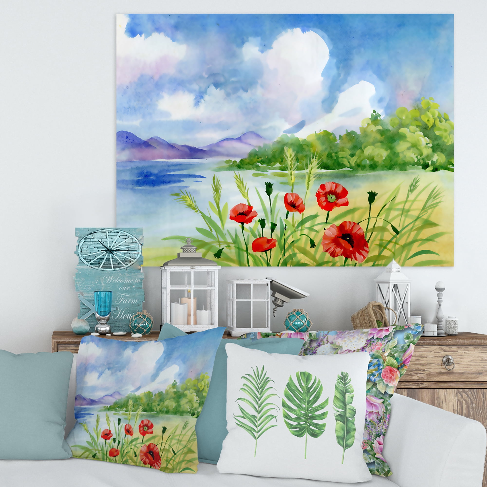 Designart ' Red Tulips On The Bank Near A River Mountain ' Lake House Canvas Wall Art Print