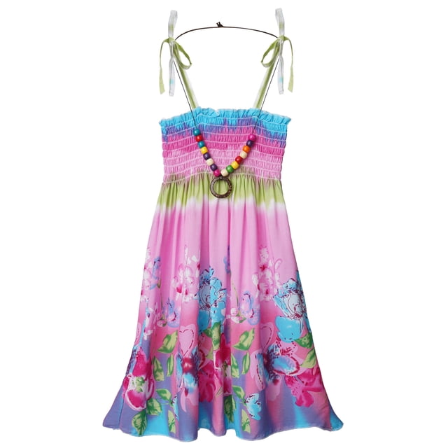 XUNZOO Robe d'Été Décontractée à Bretelles pour Filles, Robe Bohème Sans Manches à Fleurs, Robe de Plage de Vacances avec Collier Coloré 160