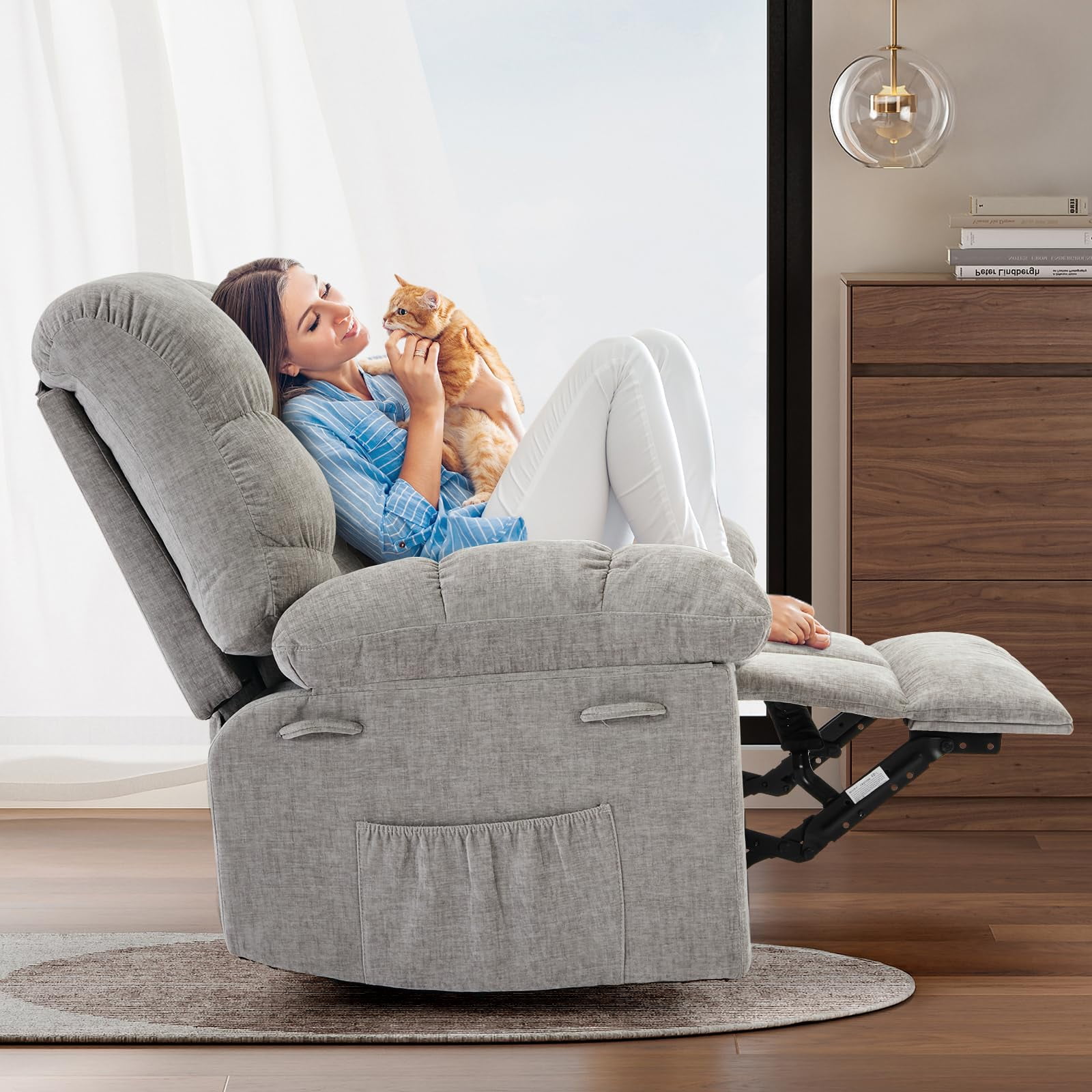 Swivel Rocking Recliner Chair, 360° Swivel 135° Tilt Glider Nursery Chair with Extra Large Footrest, Chenille Upholstery Q235 Steel Frame High Back Deep Seat for Living Room Bedroom Small Spaces