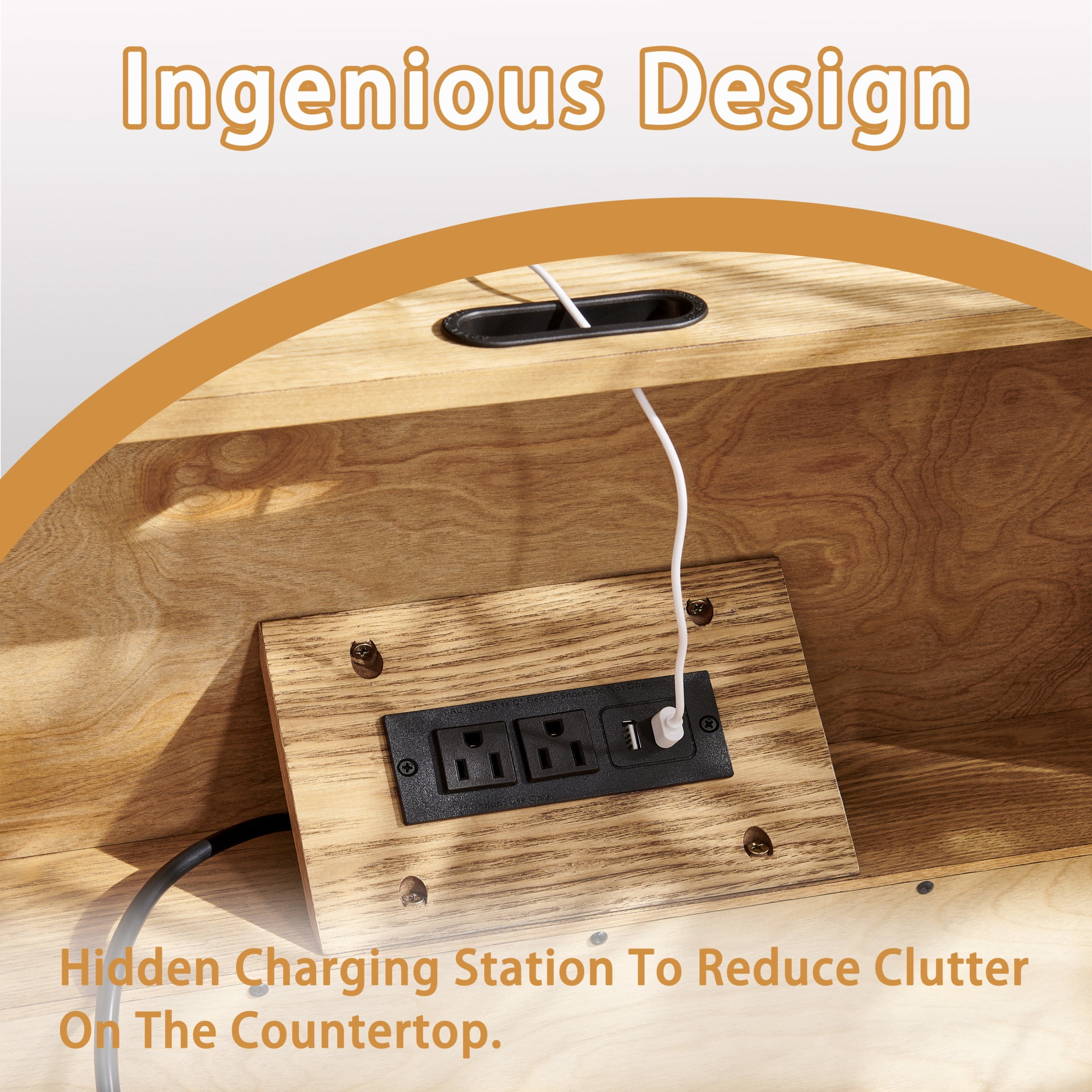 GDF Studio 23.4" Grille Slat Nightstand with Charging Station, Drawer & Open Shelf, Natural