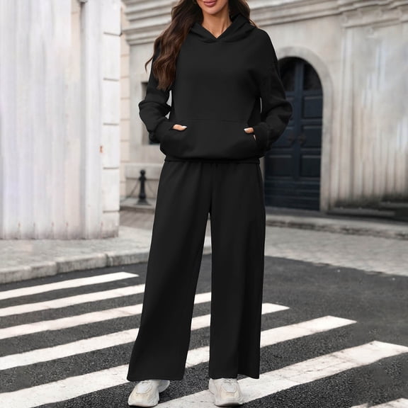 sdhkgrrt Women's 2 Piece Matching Lounge Set Long Sleeve Hoodie with Kangaroo Pocket Drawstring Jogger Pants Solid Casual Loose Tracksuit Soft Homewear Fall Winter Outfits, Black L