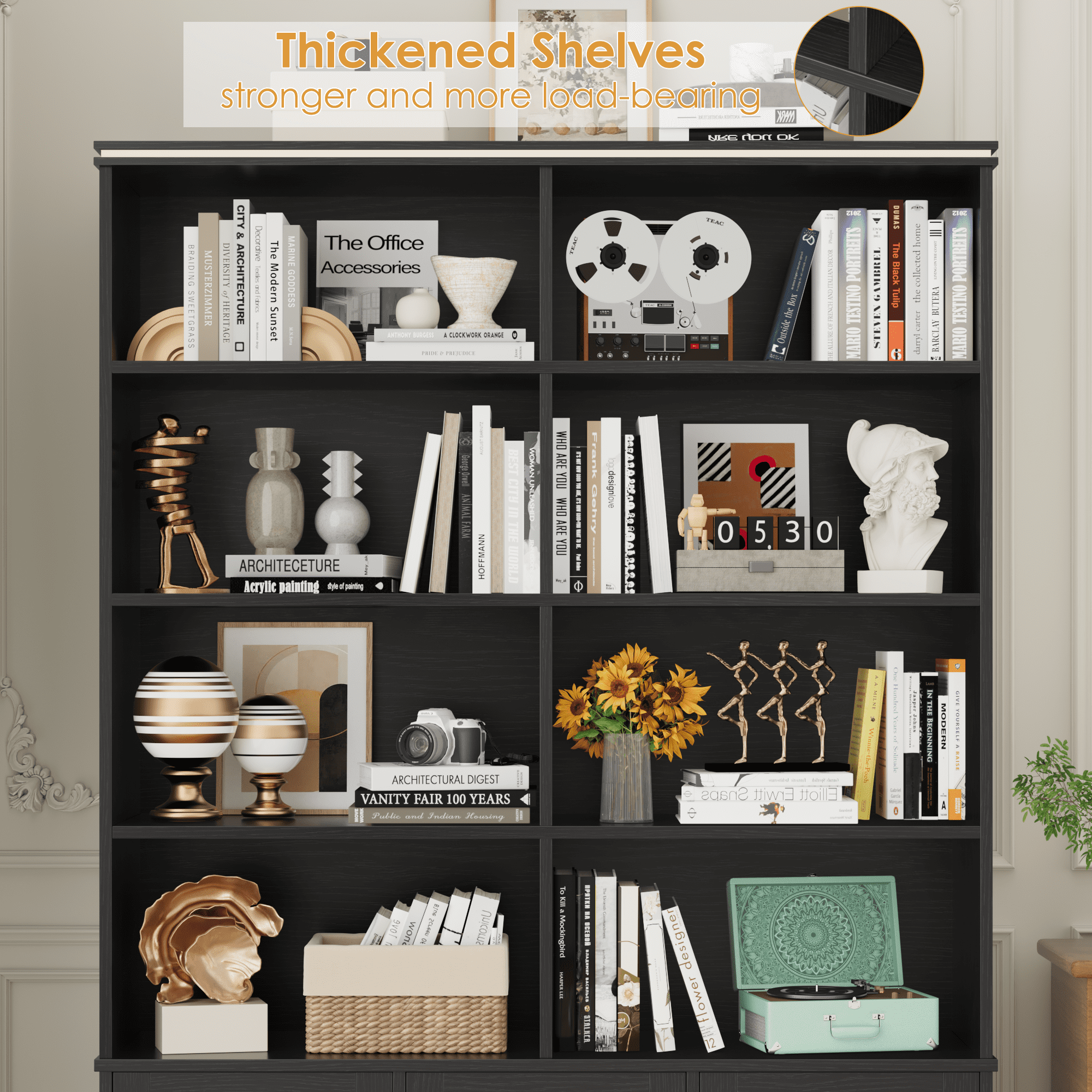 Homfa Tall Bookshelf with Drawers, Double Row 8 Cube 47'' Wide Bookcase for Living Room Office Small Space, Black