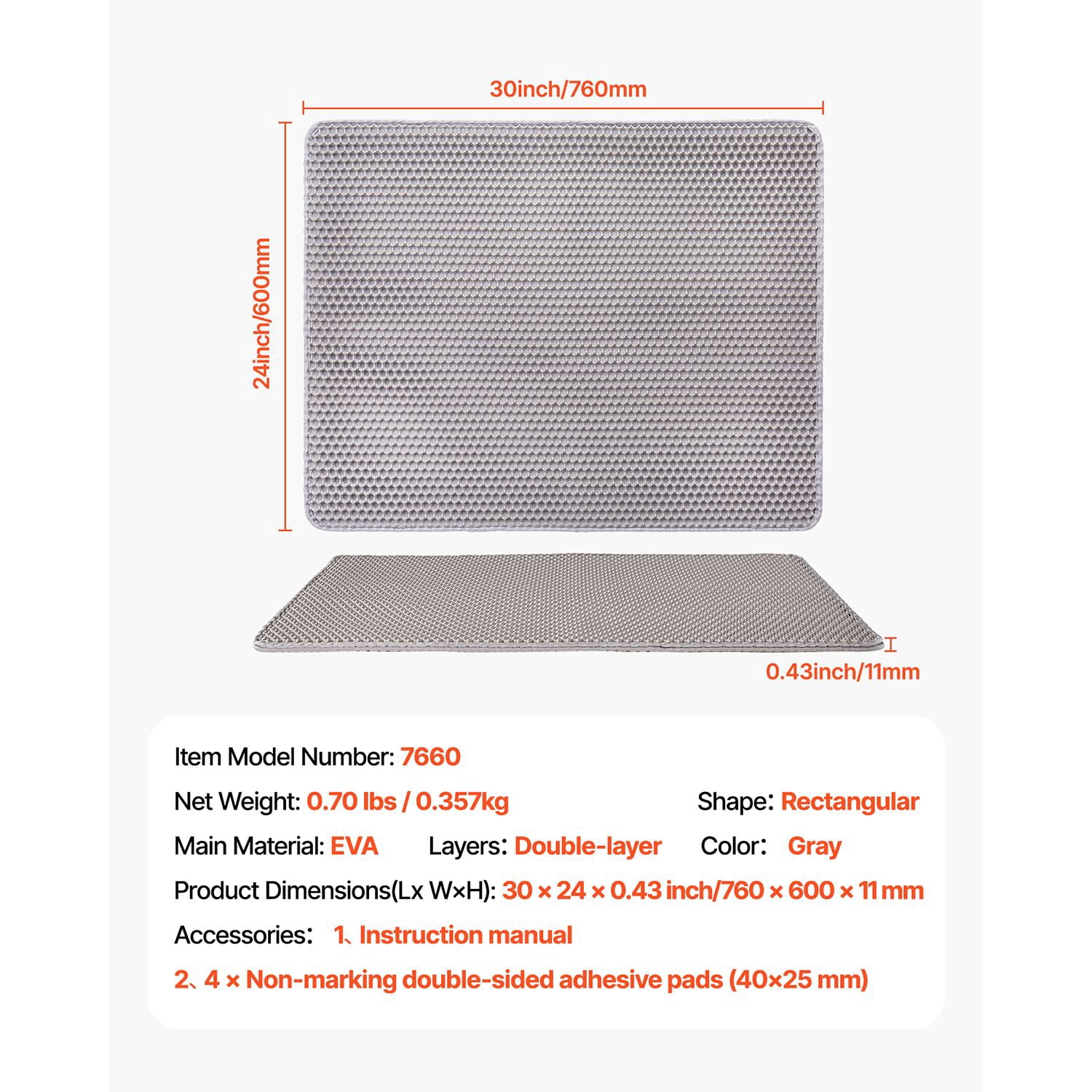 Style Cat Litter Trapping Mat, 30x24 Inches, 2-Layer Honeycomb Design, Non-Slip & Leak-Proof Litter Box Floor Mat