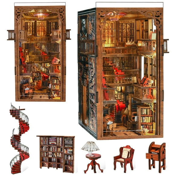 MiniCity Kit de Booknook, Kit de Maison de Poupée Miniature DIY pour Adultes et Adolescents, Décoration d'Étagère de Maison de Livre avec Lumière LED et Housse Anti-Poussière