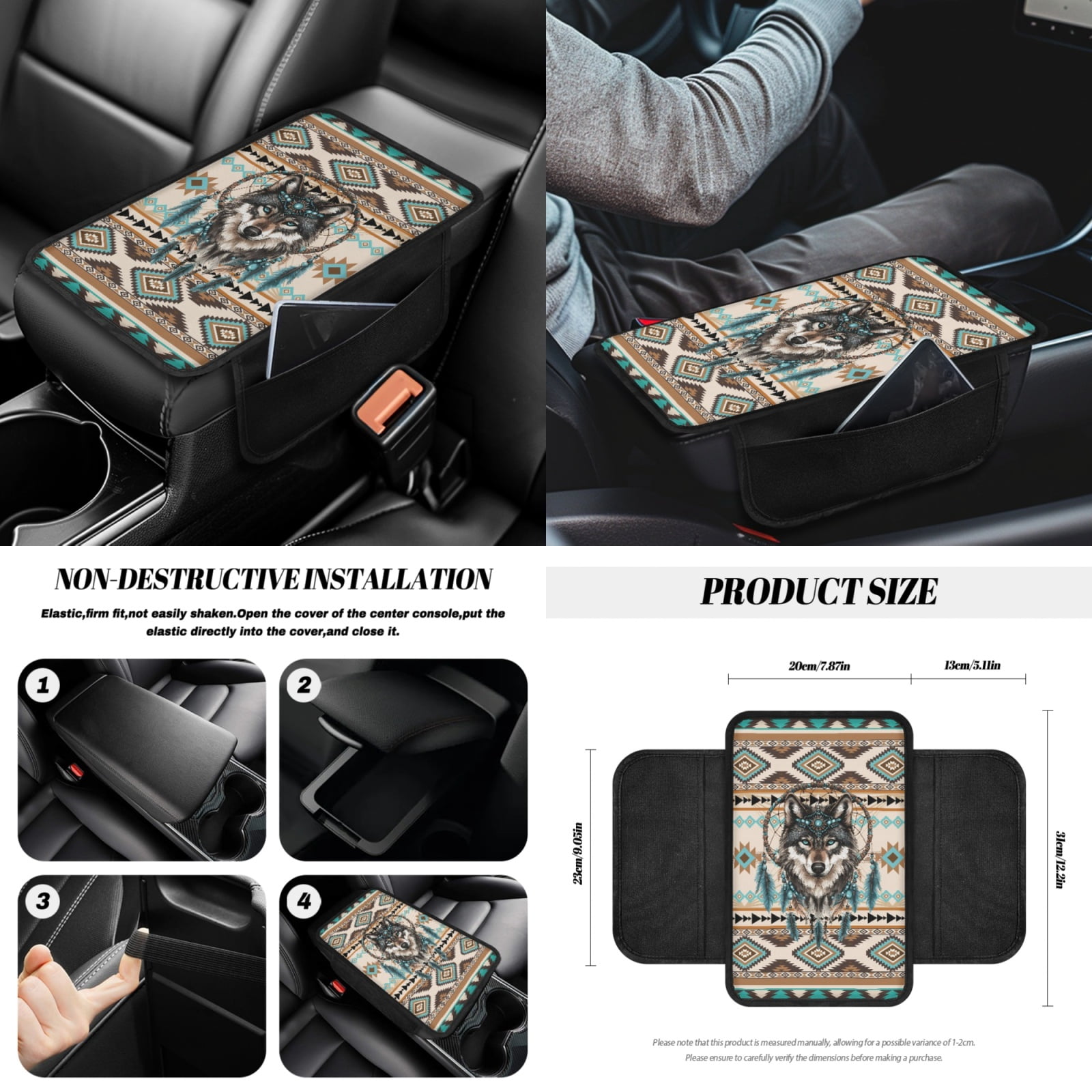 Yuyamidu 14 Piece Aztec Car Seat Covers Full Set Wolf Steering Wheel Cover Seat Belt Pads Garbage Bag Dream Catcher Armrest Cover Handbrake Cover Set Rear View Mirror Protector Coasters