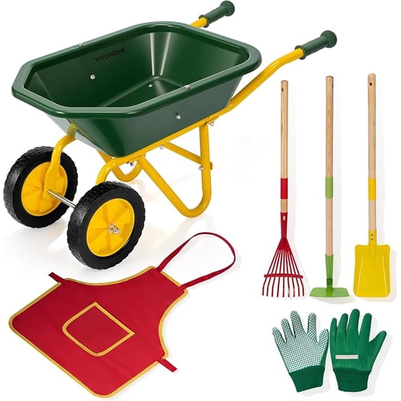 SPECSTAR 30 Inch Kids Wheelbarrow Set, 6 PCS for Children Ages 3‑8, Includes Metal Gardening Tools, Apron & Gloves for Fun Educational Backyard Play