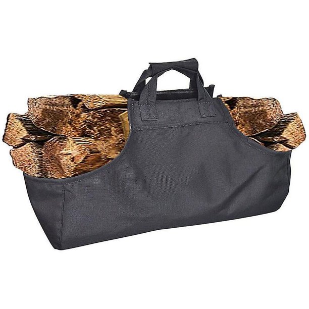 Bolsa de transporte de troncos de lona para exteriores, bolsa de almacenamiento de leña para chimenea, estantes de mano, portador de troncos de gran capacidad - Tote de madera (negro)