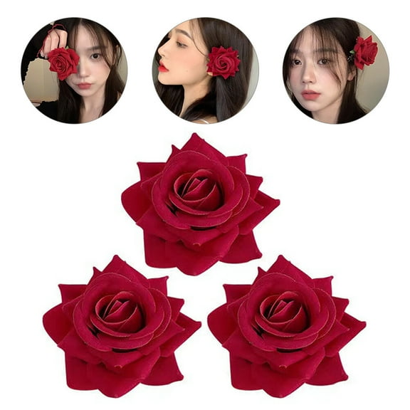 Baluue Red Rose Hair Clip for Women Velvet 3Pcs