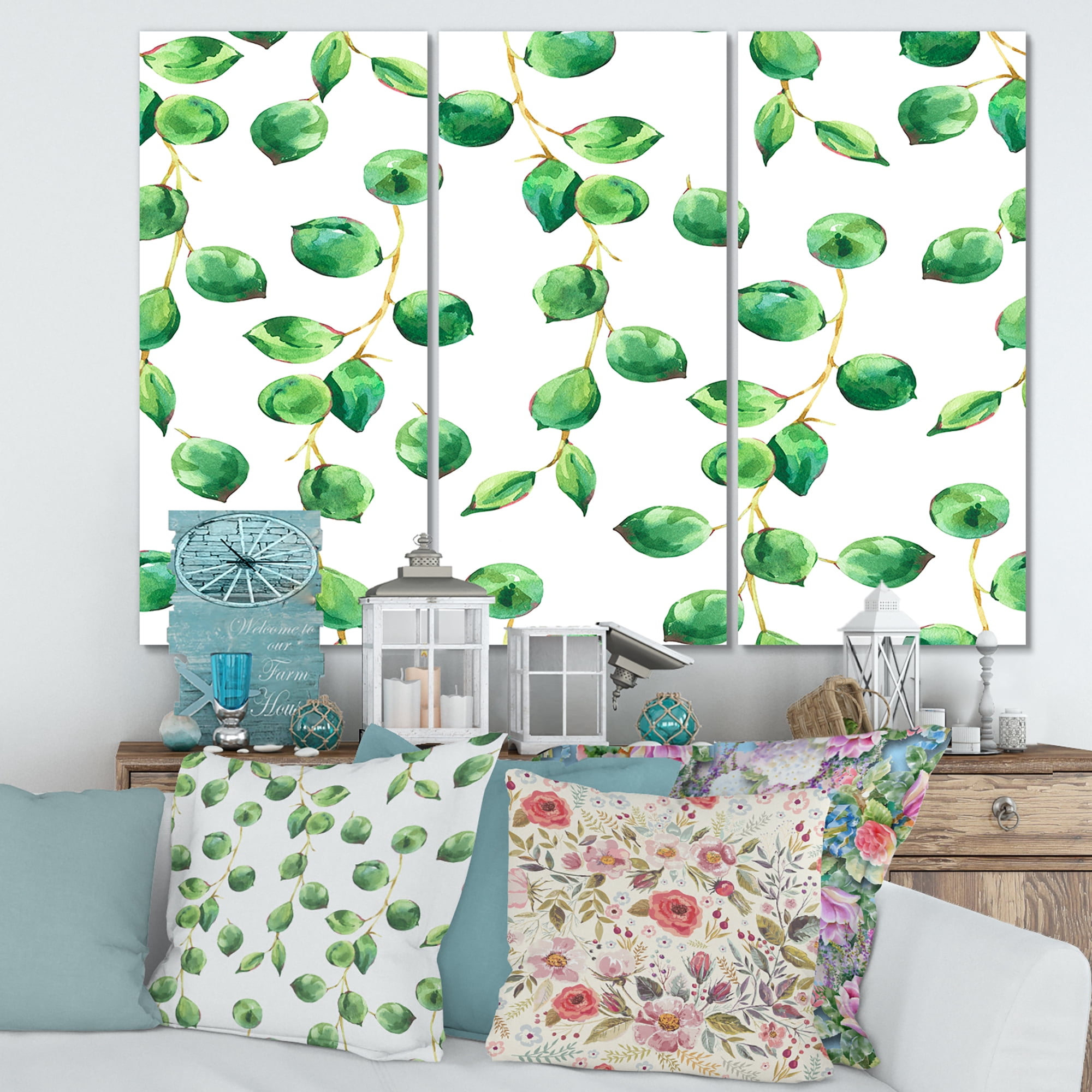 Tropical Green Leaves Patern On White 28 in x 36 in Painting Canvas Art Print, by Designart