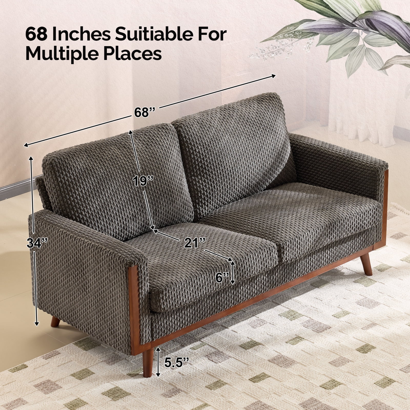 Ktaxon Corduroy Loveseat Sturdy Build, 2 Seater Sofa Solid Wood Frame, Living Room Couch Deep Seat for Small Space Apartment Home Dark Gray