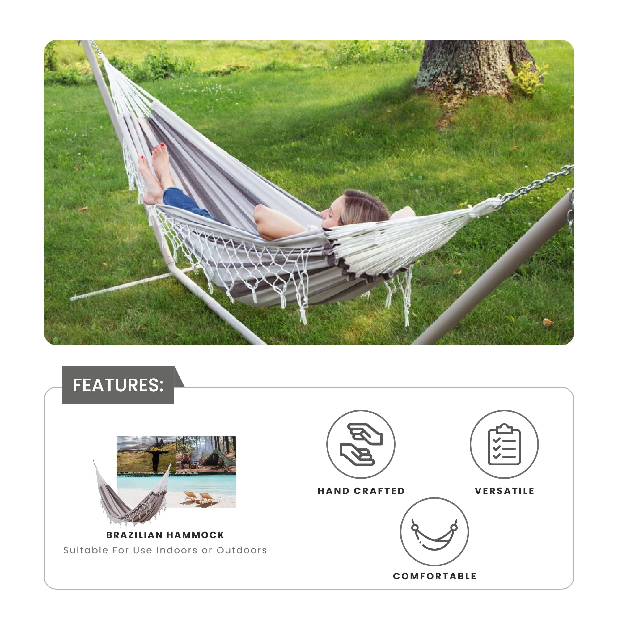 Sol Living Brazilian Patio Hammock Cotton Hammock Double Hammock for Two People Outdoor Patio Swing Chair Hand Woven Mayan Hammock Use Inside Outside Backyard Decor Porch Swing - Grey Stripes