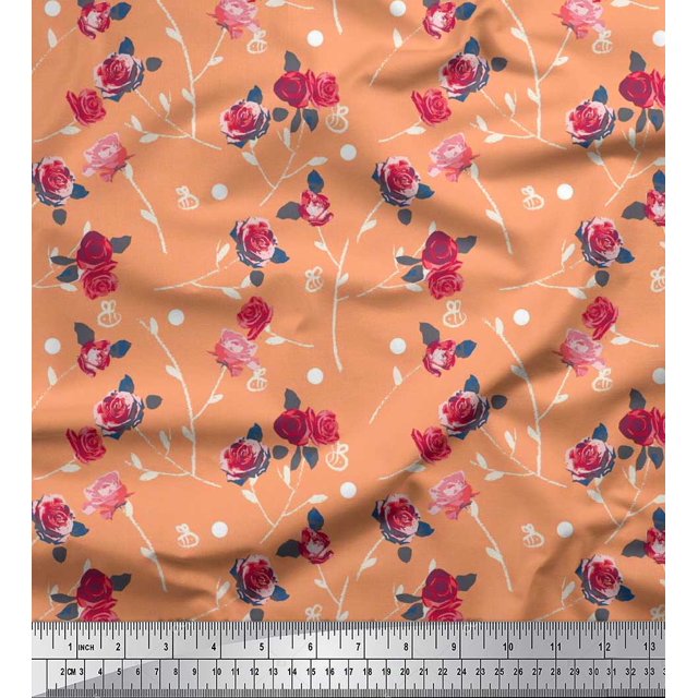 Soimoi Poly Georgette Fabric Leaves, & Rose Floral Decor Fabric Printed Yard 52 Inch Wide
