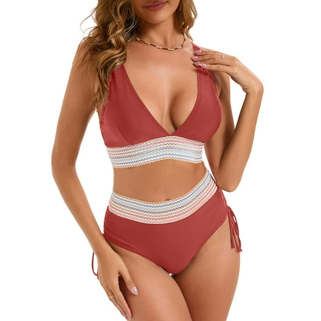 Swimsuit for Women Bikini High Waisted Split Color Suit With Drawstring Gathered Abdominal Swimsuit High Waisted Swimsuit