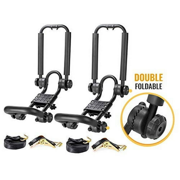 AA-Racks Double Folding J-Bar Rack for Kayak Carrier Canoe Boat Paddle Board Surfboard Roof Top Mount on Car SUV Truck Crossbar with Ratchet Lashing Straps