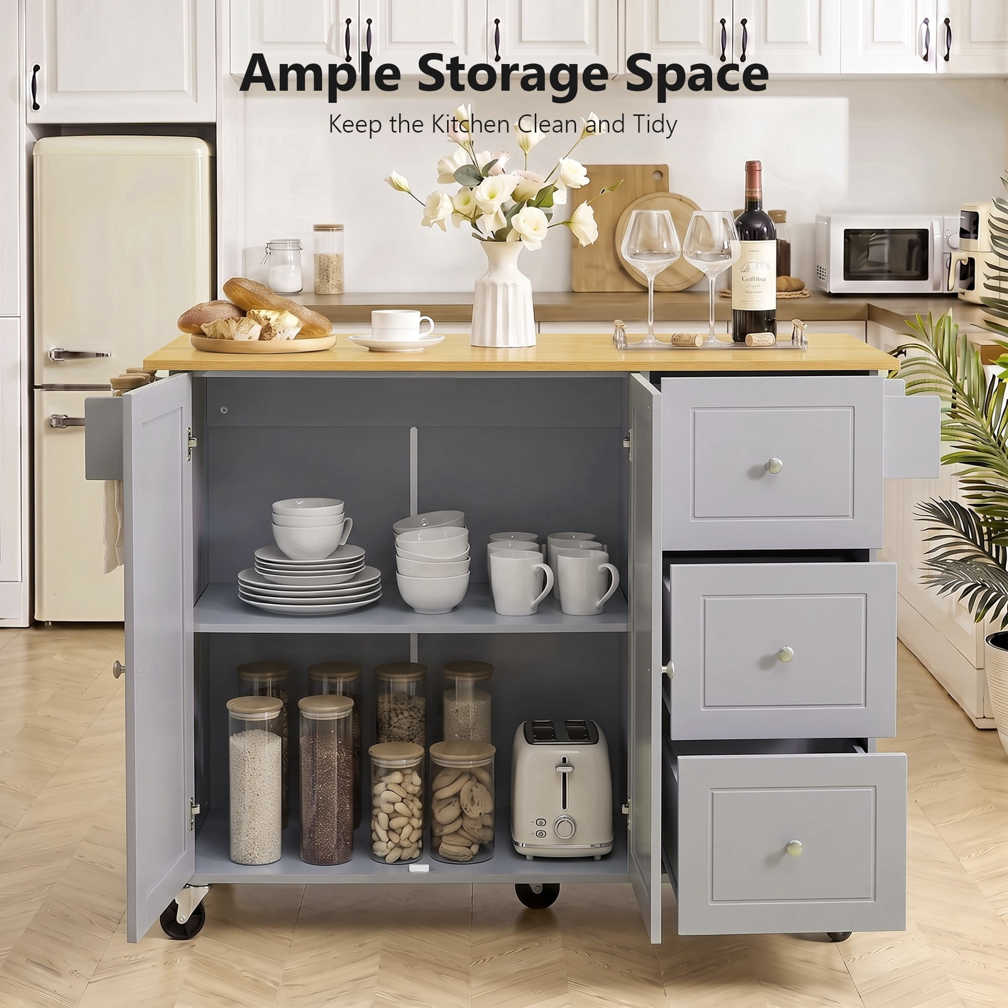 52.7" Kitchen Island with Storage & Drop Leaf, Rolling Kitchen Island Cart on Wheels with 3 Drawers, Adjustable Shelf, Spice & Towel Rack, Island Table for Small Kitchen & Dining Room, Grey Blue