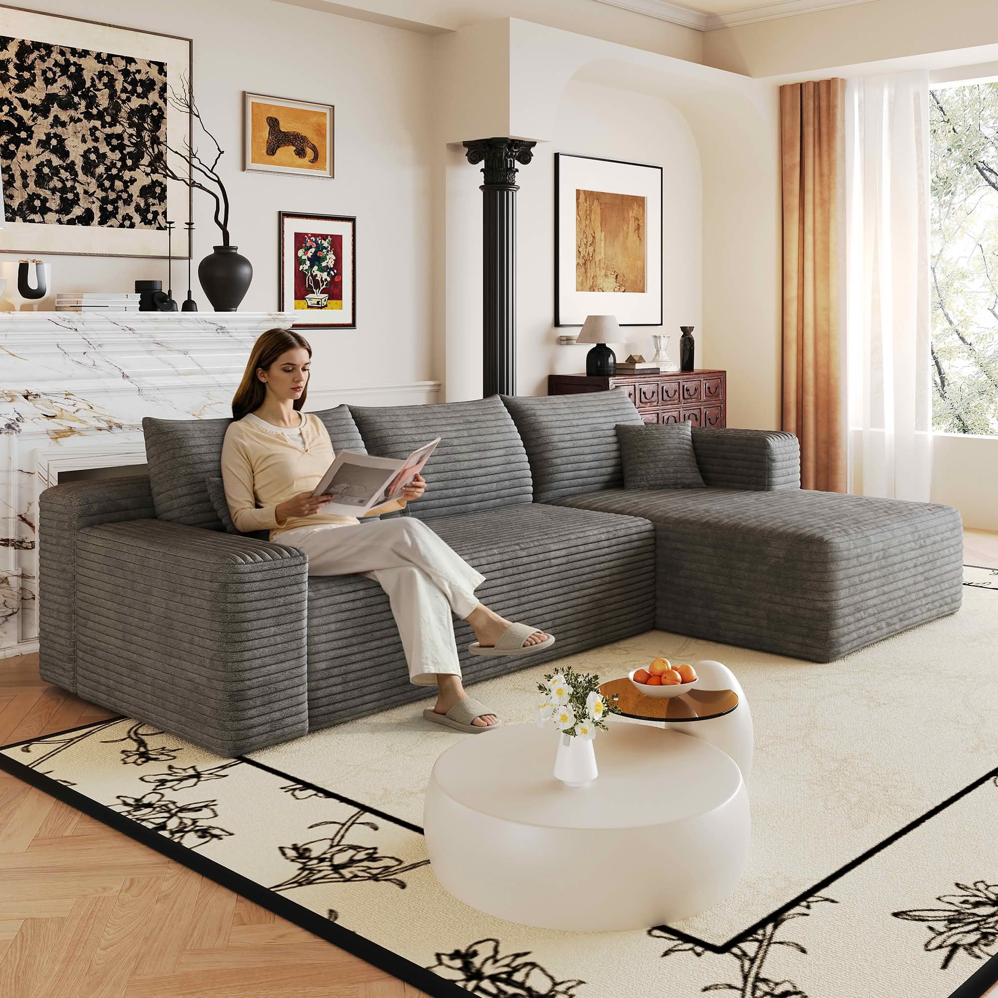 MAYEERTY 103 Inch Cloud L Shaped Sectional Sofa, Plush Corduroy Deep Seat Corner Couch, No Assembly Required Modern Minimalist Sofa for Living Room