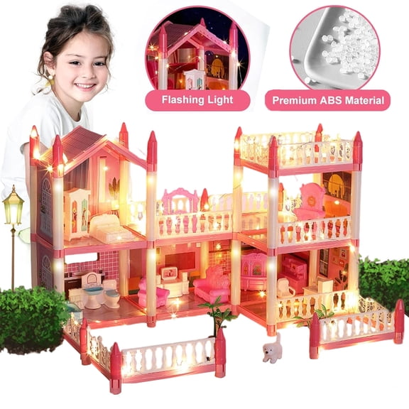 Dollhouse with 2 Story 6 Rooms, DIY Pretend Play Building Playset, Kids Playhouse Asseccories and Furniture with LED Light, Dream Gift Princess Doll House Toy for 3 4 5 6 7 8 9 Girls Gift, Pink