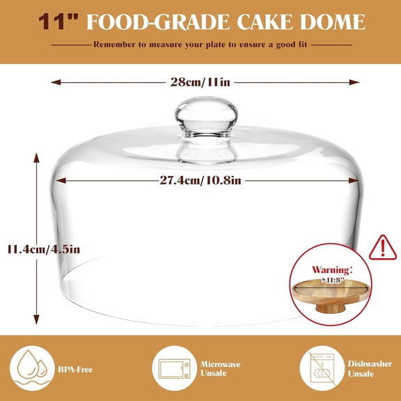 11 Inch Glass Cake Dome Cover, Upgraded Thickened Clear Cake Cover Lid for Cake Stand, Round Cloche Glass Dome for Dessert Plates Display and Protection