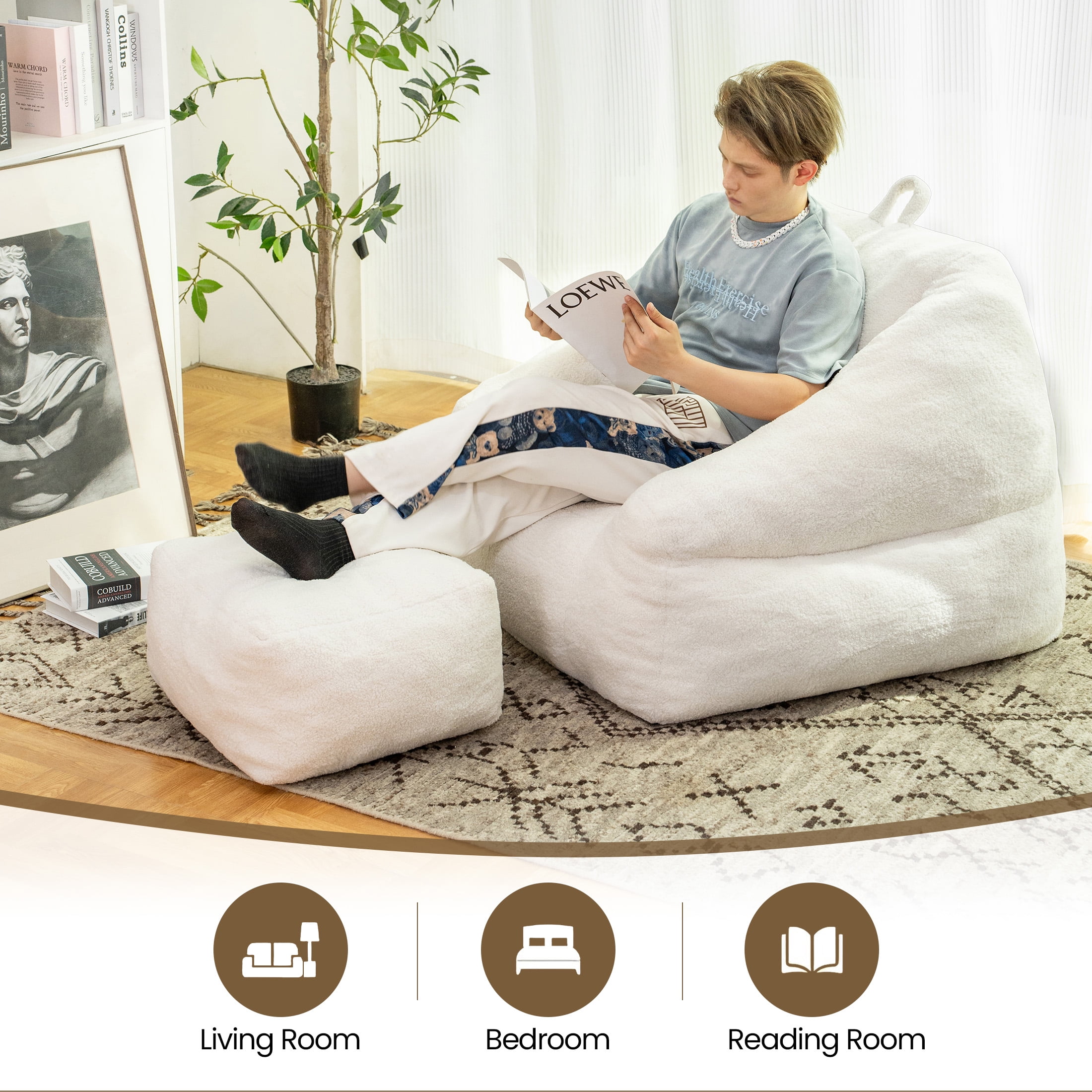 Aukfa Bean Bag Chair with Ottoman, Soft Fluffy Teddy Upholstered Pouf with Foot Rest for Living Room, White