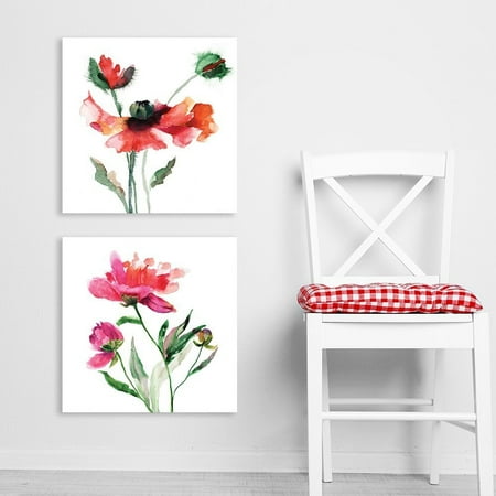 Squares Giclee Set - wall26-2 Panel Square Canvas Wall Art - Watercolor Style Red Flowers on White Background - Giclee Print Gallery Wrap Modern Home Decor Ready to Hang - 24