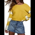 thumbnail image 3 of Suéter Informal de Mujer con Bloques de Color y Cuadros, Cuello Redondo, Larga, Jersey de Punto Corto. Amarillo L, 3 of 10