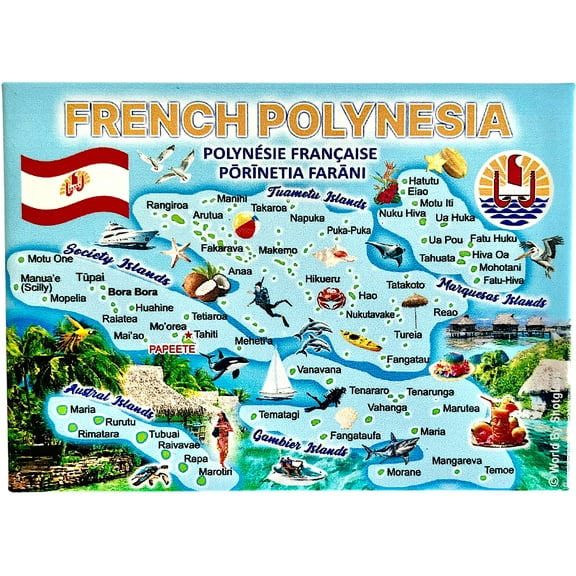 French Polynesia Graphic Map and Attractions Souvenir Fridge Magnet 2.5" X 3.5"