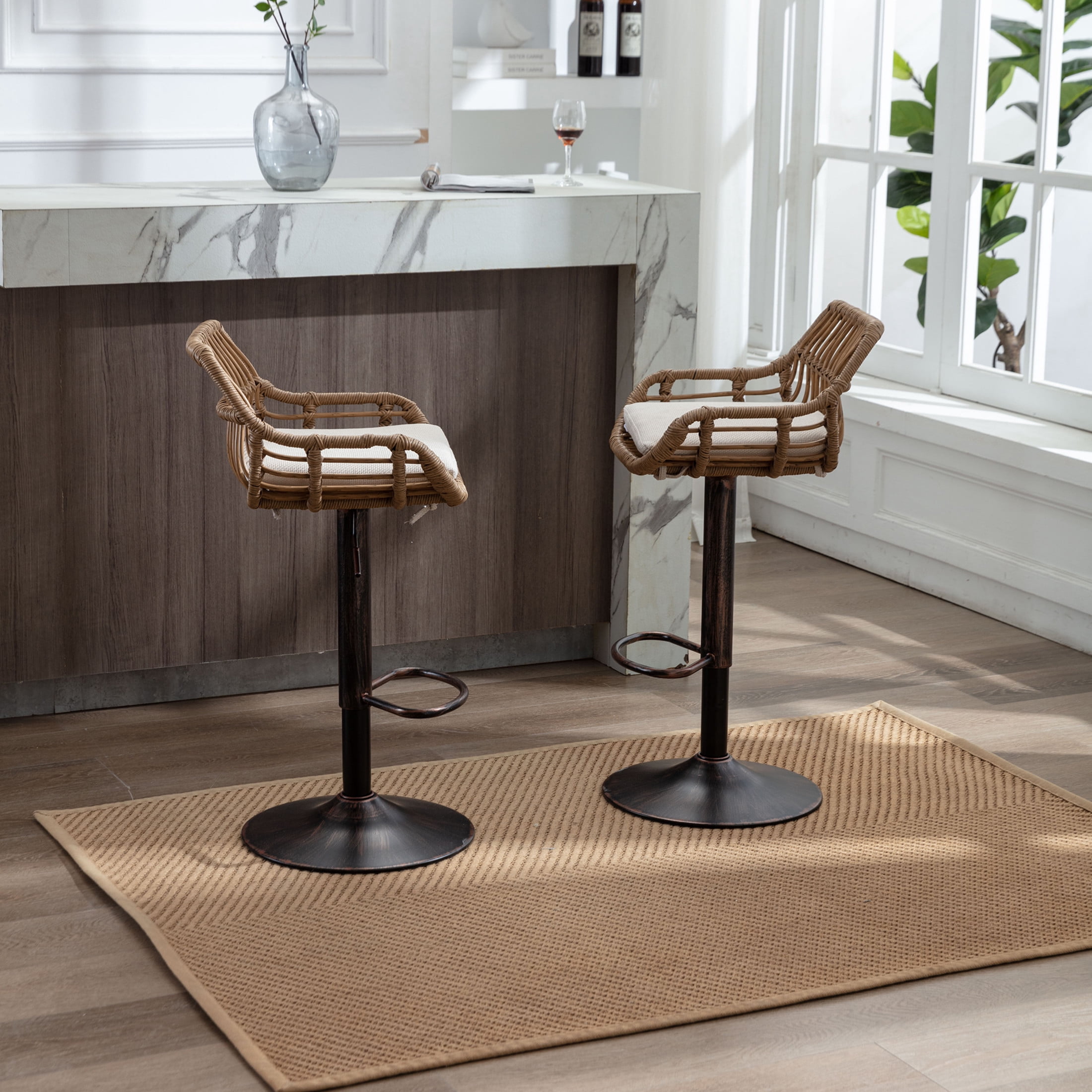 Noble House Swivel Bar Stools Set of 2, Adjustable Linen Counter Height Chairs with Footrest, Beige