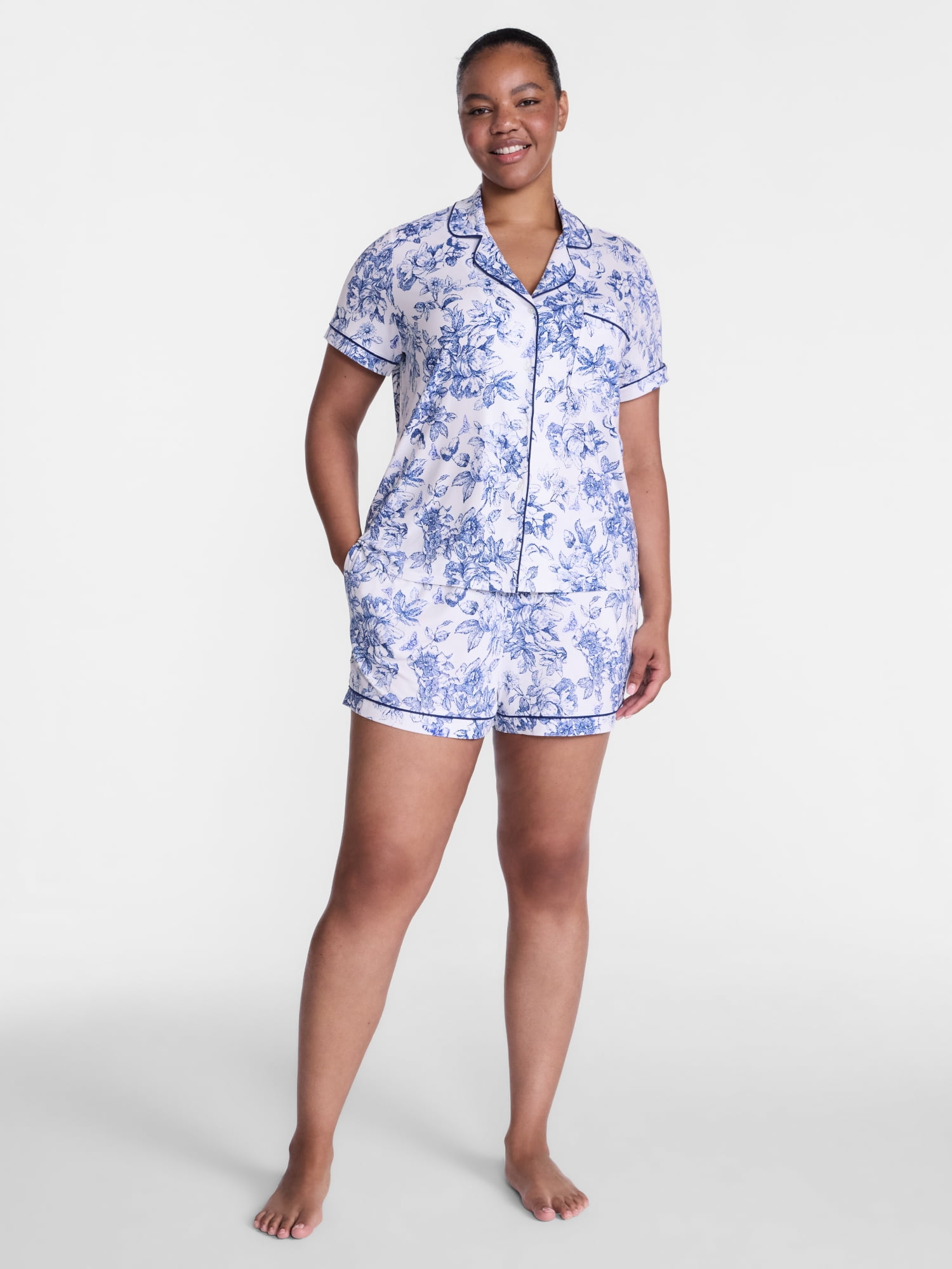 Joyspun Women’s Dreamy Soft Collection Notch Collar Knit Top and Boxer Shorts, 2-Piece Pajama Set, Sizes XS-3X