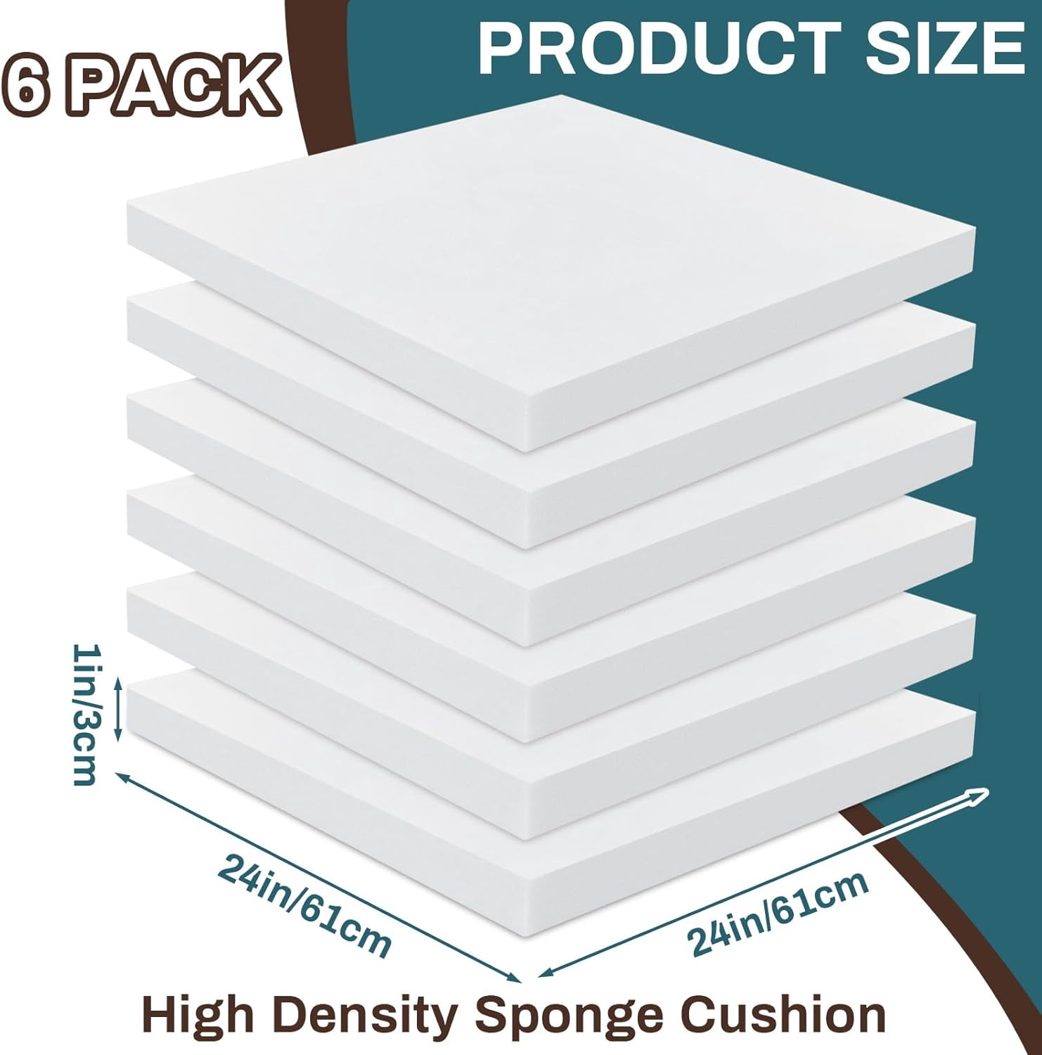 6 Pack 1" X 24" X 24" Upholstery High Density Foam Cushion White Square Seat Replacement Cushion or Commercial Use Stuffing Craft Foam Couch Chair Padding DIY Projects(White)