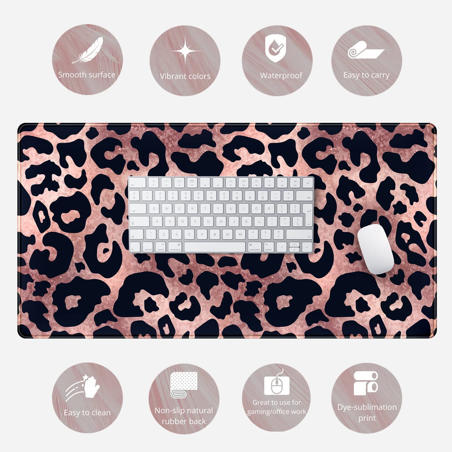 Desk Mat Decor Leopard Rose Black Large Gaming Mouse Pad Gold Pink Marble Mousepad for Women Computer Office Keyboard Mat Laptop Big Mouse Pad Cute Desk Decor 31.5x15.7 in with Non-Slip Stitched Ege