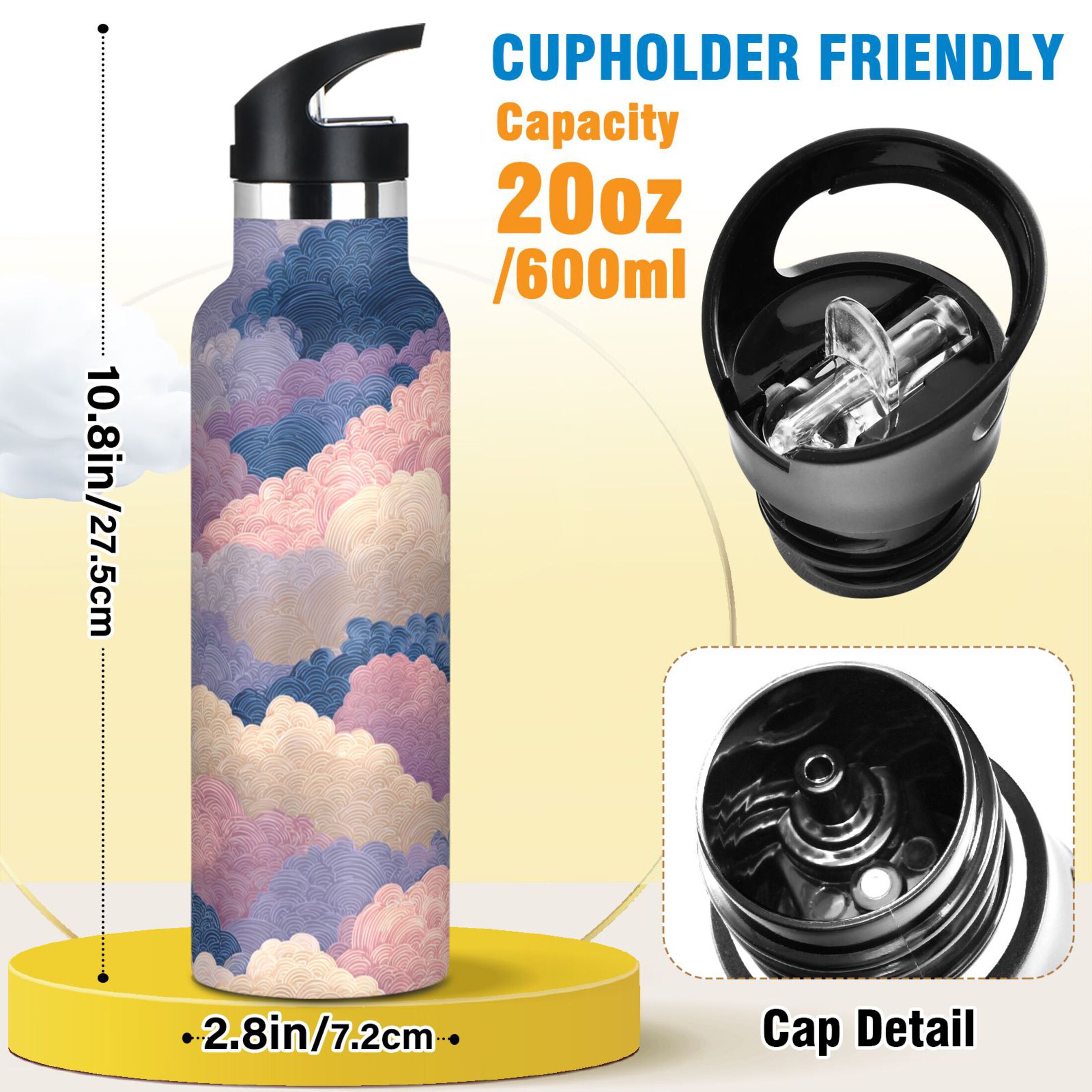 600ML Stainless Steel Insulated Cup Sports Water Bottle Portable Thermos Cup Water Glasses Insulated Tumblers Convenient and Durable Purple Cloud Cartoon