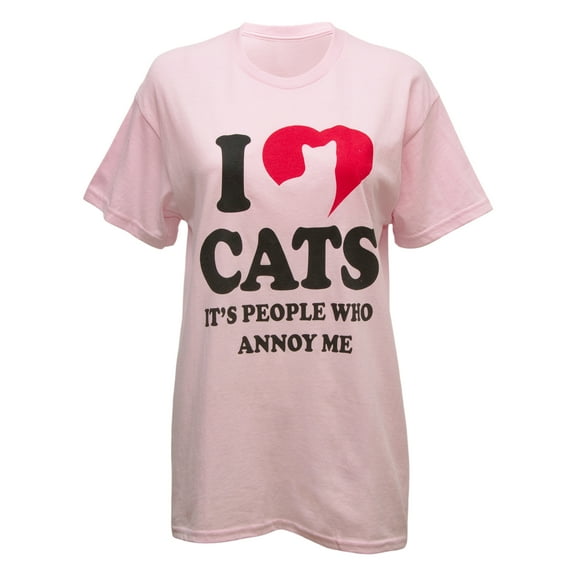 I Love Cats It's People Who Annoy Me Women's Cotton Graphic T-Shirt in Pink, M