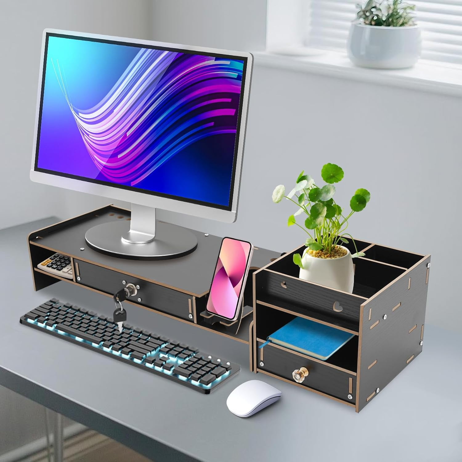 Desktop Organizer Stand for Laptop - Monitor Stand Riser, Computer Monitor Booster Stand, Adjustable Computer Monitor Stand with a Lockable Drawer, for PC, Computer, Printer (Black)