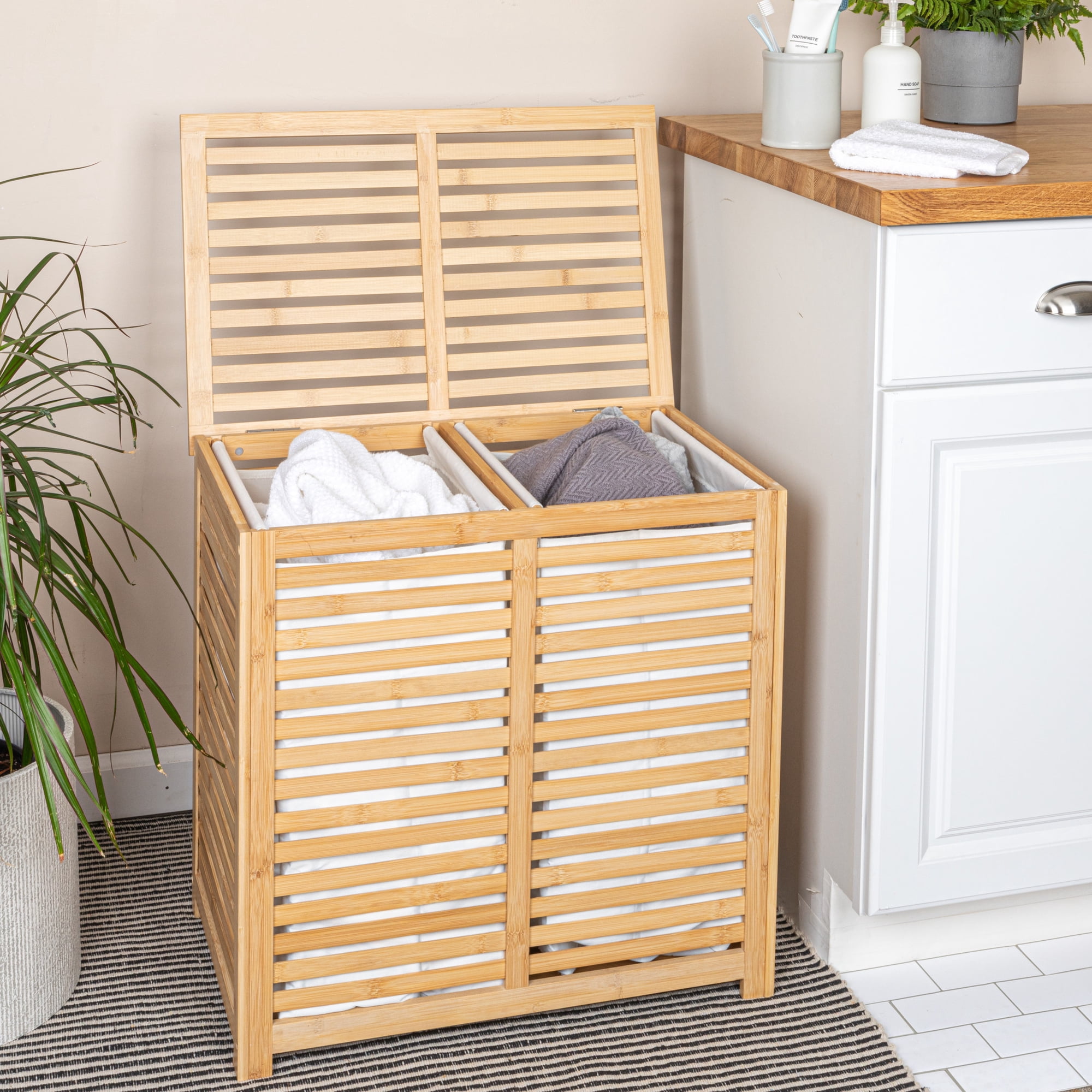 Household Essentials Bamboo and Cotton Double Laundry Sorter with Lid and Removable Cotton Bags, Natural