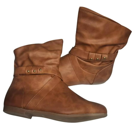 Women s Buckle Ankle Boots Flat Slouch Boots Faux Leather Buckle Booties Comfortable Slip On Short Boots Fall Winter Dress Shoes Brown 38