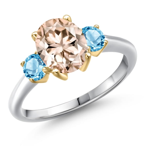 Gem Stone King 10K Two Tone Gold Peach Morganite and Swiss Blue Topaz Engagement Ring for Women | 2.31 Cttw | Oval 9X7MM | Gemstone October Birthstone | Size 7